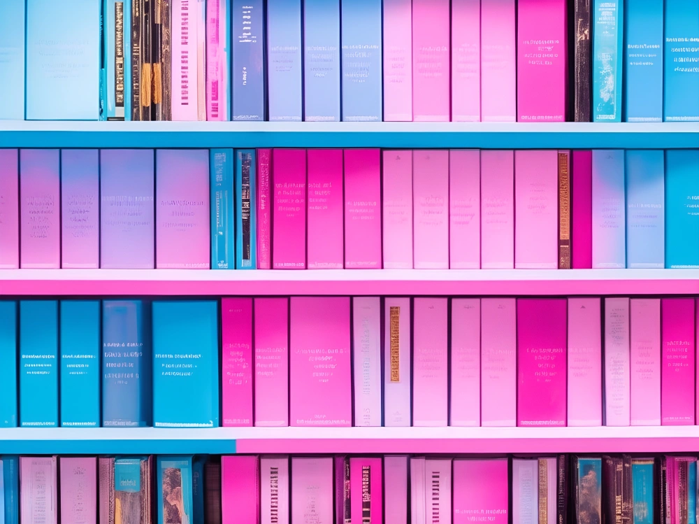 Pink and Blue books in a library illustrating a section on transgender terminology.