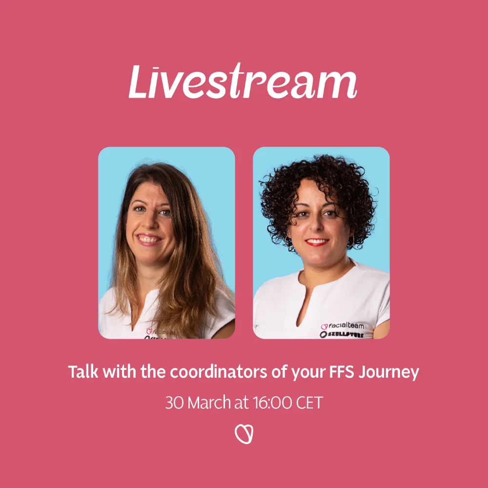 Announcement for upcoming livestream from Lilia Koss with Facialteam patient coordinators Isa and Bea
