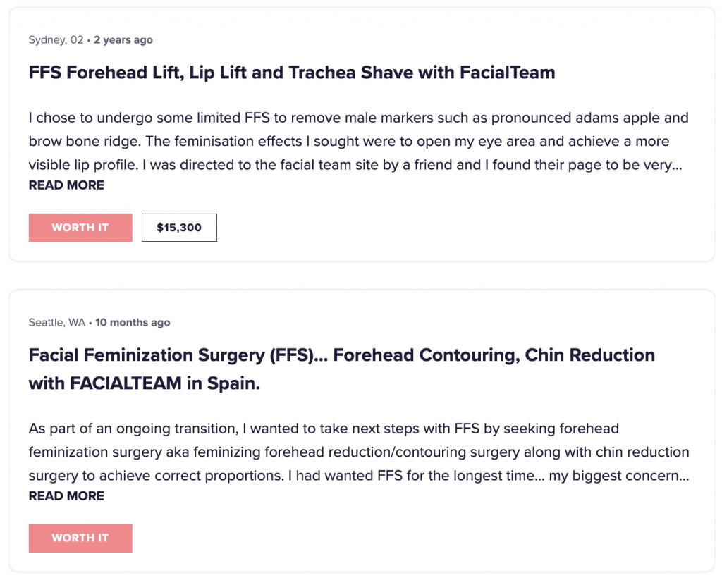Screenshot of the website realself.com with results of reviews of Facialteam Facial Feminization Surgery