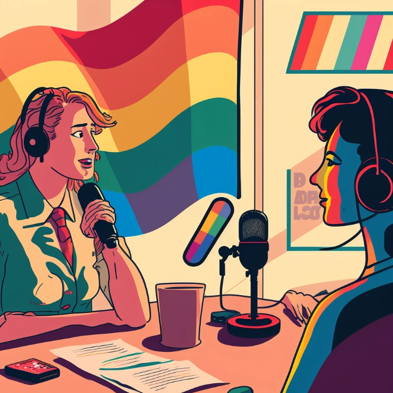 Illustration of a podcast studio during an interview with a trans woman