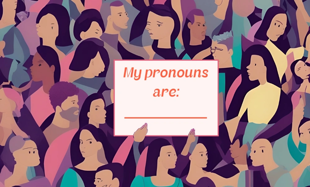 Illustration of group of people in a crowd. One of the people is holding up a sign saying "My pronouns are..." This image illustrates how people feel when they are being misgendered.