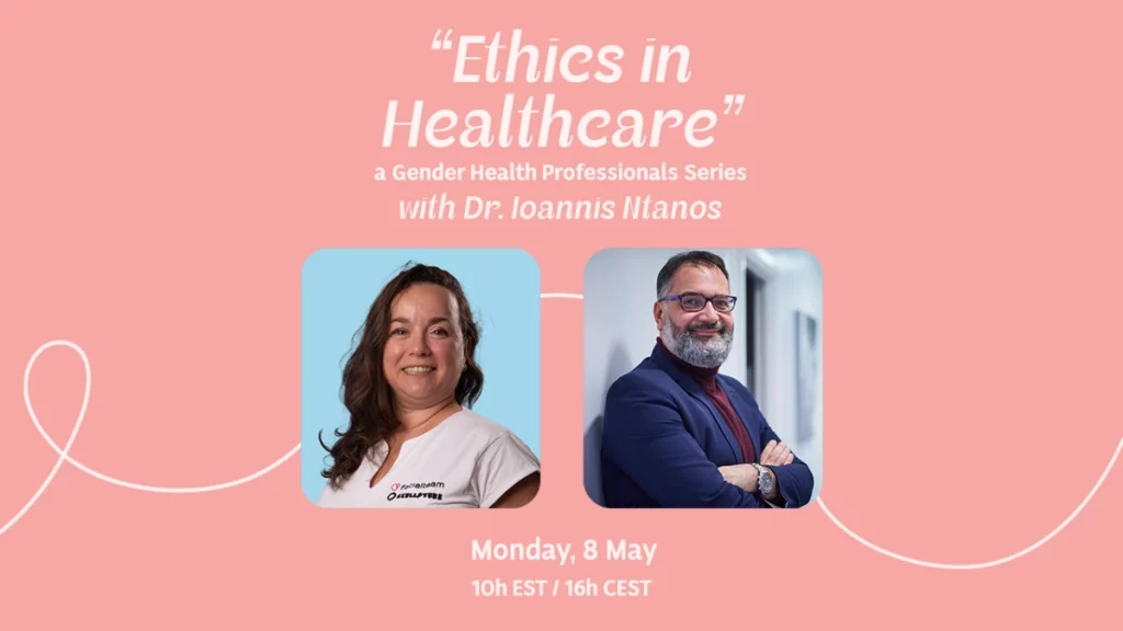 Announcement for a live interview about ethics in gender healthcare with dr Ioannis Ntanos