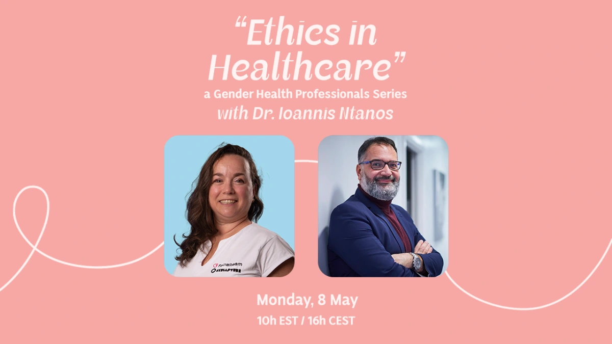 Announcement for a live interview about ethics in gender healthcare with dr Ioannis Ntanos