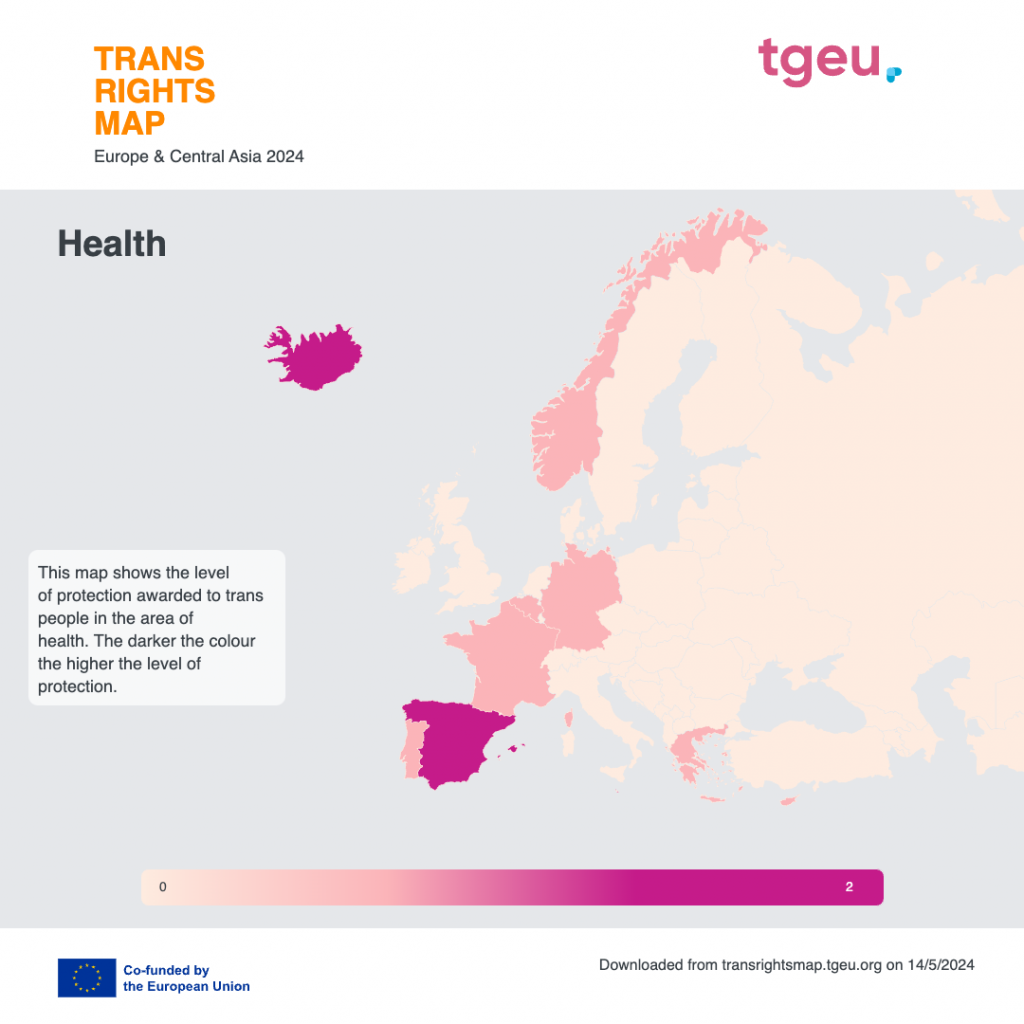 TGEU Trans Rights Map showing the level of protection awarded to trans people in the area of health.