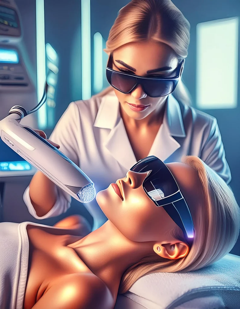 Picture of a trans woman removing facial hair with electrolysis in a clinic using an electric device