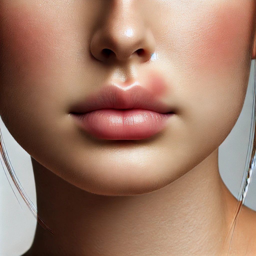 A realistic close-up digital painting focusing on a woman's jaw and chin with a subtle symmetrical swelling. The swelling appears natural and mild.