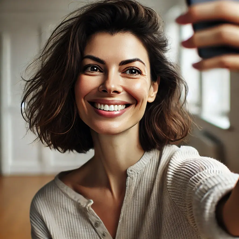 Image of a woman taking a joyful selfie for a gender swap app
