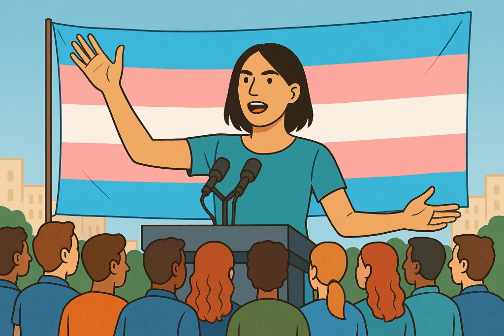 AI Generated Illustration of a Trans Woman giving a speech to a group of people.