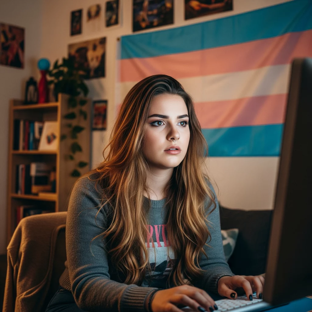 Trans woman doing some research on her computer about how can her BMI affect the results or recovery of her FFS or Gender Affirming Surgery.