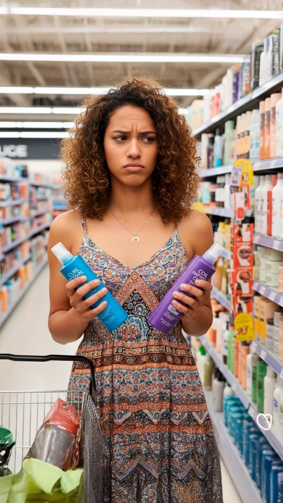 Trans woman deciding what products to buy for her curly hair on a supermarket.