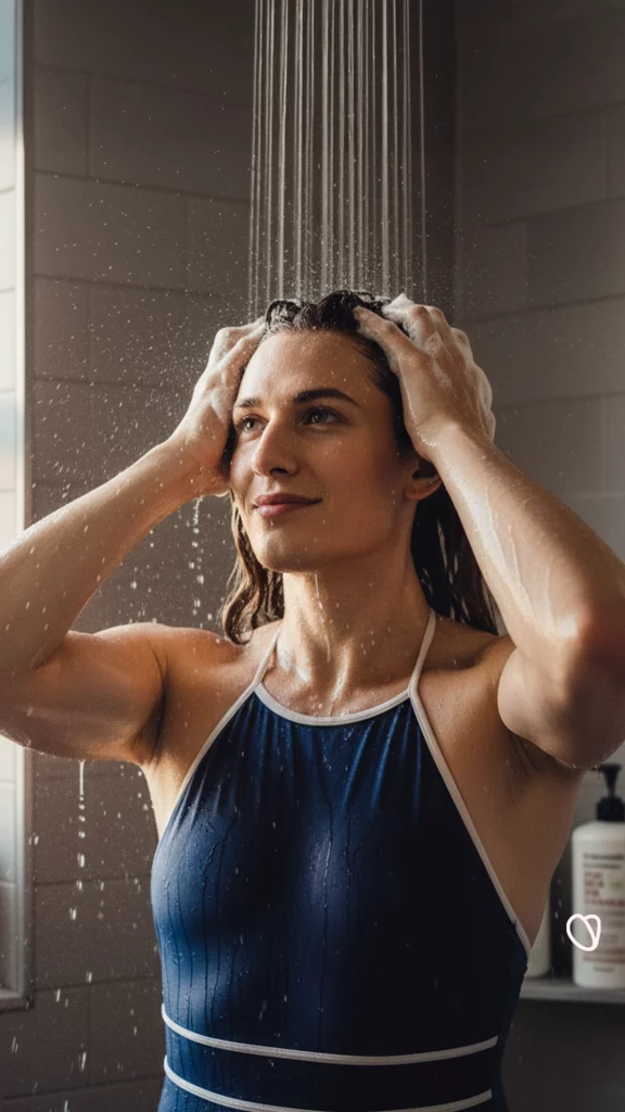 Trans woman washing her hair on the shower after buying the right products for her hair type.