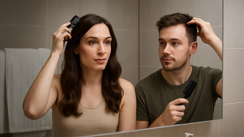 Trans woman and trans man brushing their hair in front of a mirror.