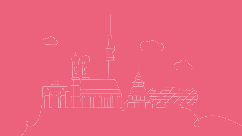 Line-drawn city skyline with domed towers and clouds on a pink background.