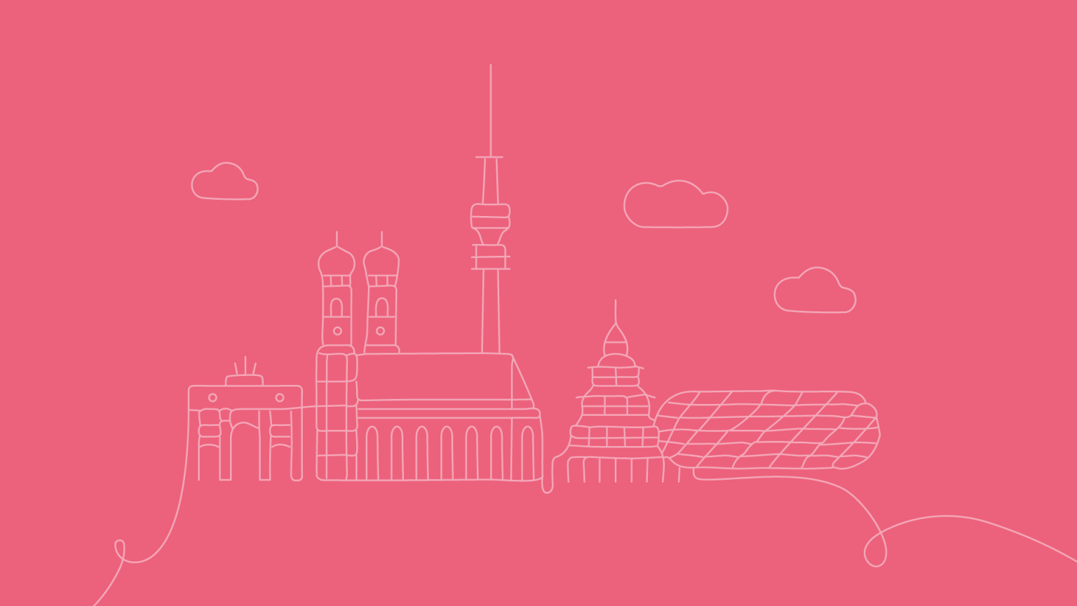 Line-drawn city skyline with domed towers and clouds on a pink background.