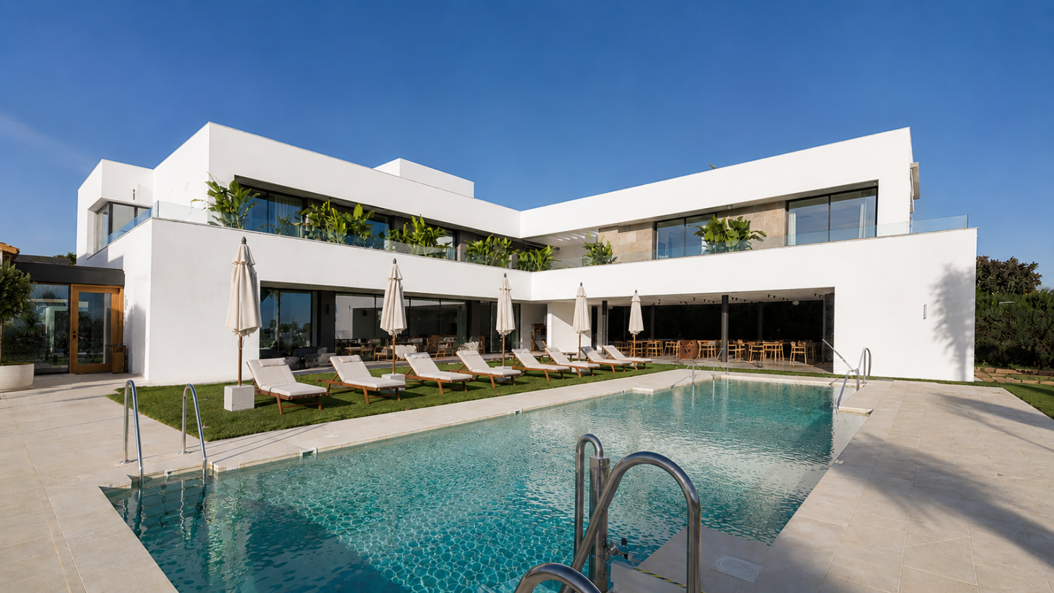 Modern white, two-story villa with a rectangular pool, sun loungers, and beige umbrellas along a tiled deck. Nearby glass-walled terrace rooms open to the pool area.