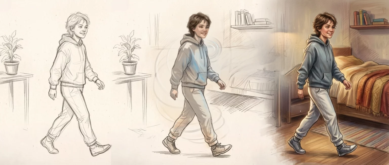 Trans woman transitioning from a draft to a full illustration depending on self-confidence