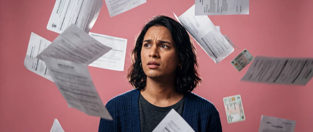 Trans woman looks confused with all the documents she needs to get her ffs financed