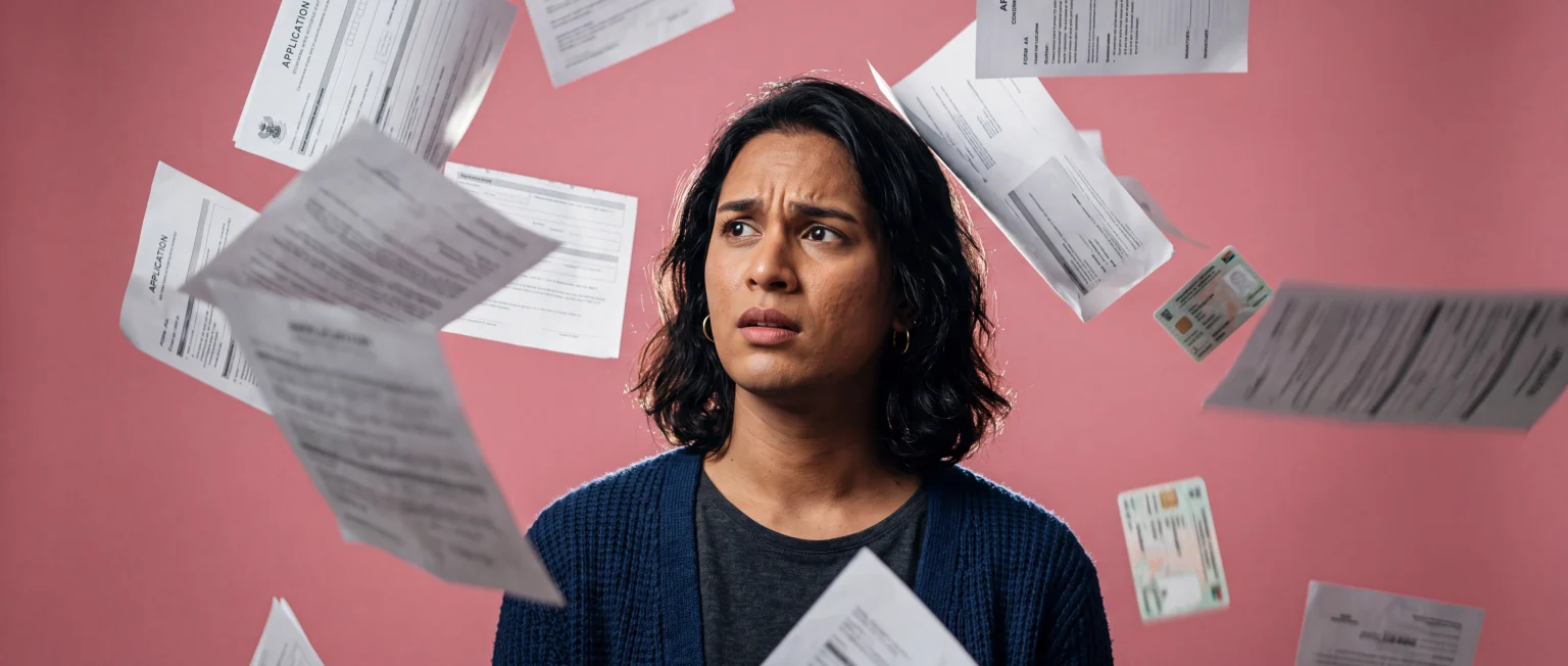 Trans woman looks confused with all the documents she needs to get her ffs financed