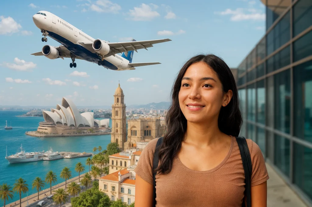 Portrait of a smiling woman taking a selfie with Sydney Harbour landmarks in the background, including the Opera House and a plane in the clear sky.