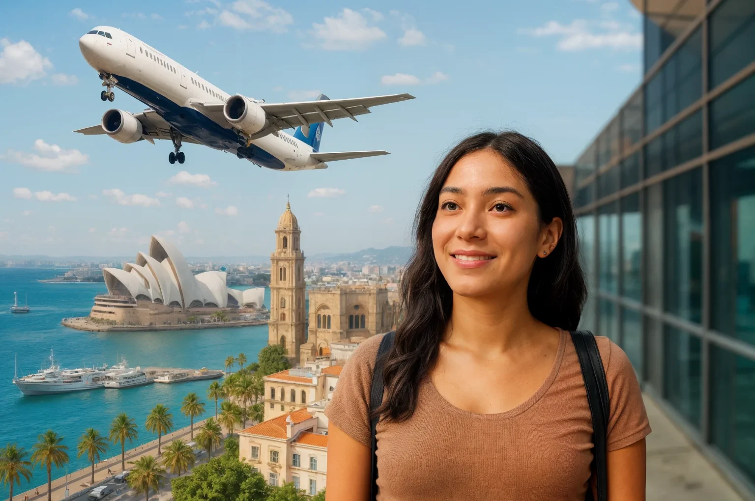 Portrait of a smiling woman taking a selfie with Sydney Harbour landmarks in the background, including the Opera House and a plane in the clear sky.
