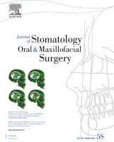 Cover of the Journal of Stomatology, Oral & Maxillofacial Surgery, with a pale line-drawn skull on the right and four green circular icons on the left; notes show Issue 55.