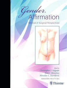 Book cover for 'Gender Affirmation: Medical & Surgical Perspectives' with a framed illustration of a nude torso split down the middle, set against a blue-purple gradient background.