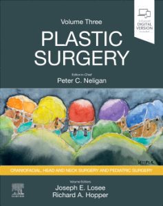 Book cover: Volume Three, Plastic Surgery, edited by Peter C. Neligan; colorful illustration of surgeons’ heads; subtitle craniofacial, head and neck surgery and plastic surgery; editors Losee and Hopper.