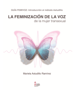 Book cover for 'La feminización de la voz de la mujer transexual' by Mariela Astudillo Ramírez, with a pink/blue butterfly and a purple sound-wave graphic.